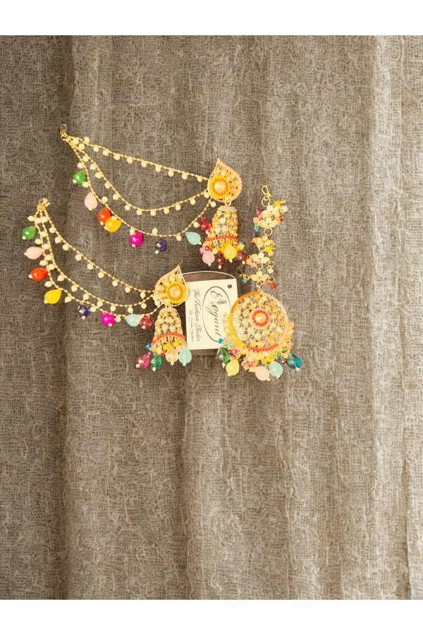 Multicolor Kundan Jhumka Earrings with Maang Tikka Set for Women | Bridal & Festive Jewellery by melegant - Image 2