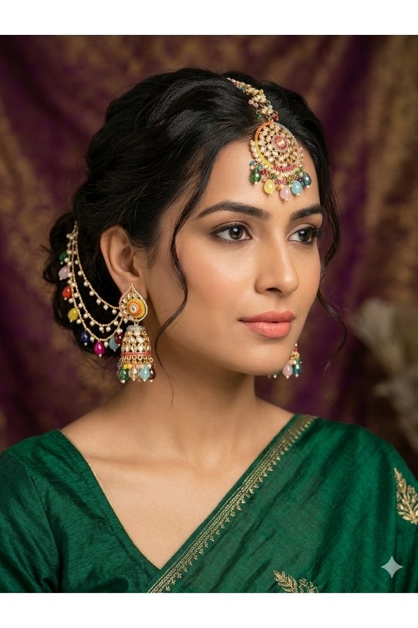 Elegant multicolor Kundan jhumka earrings with matching maang tikka set featuring pearl chains and colorful bead drops, perfect for bridal wear, wedding functions, festive occasions, and traditional Indian styling by melegant.