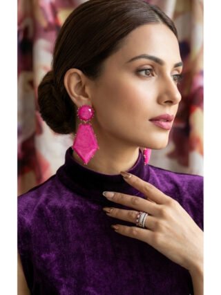 Hot pink geometric statement earrings for women featuring a bold contemporary design, perfect for party wear, western outfits, and fashion styling by melegant.