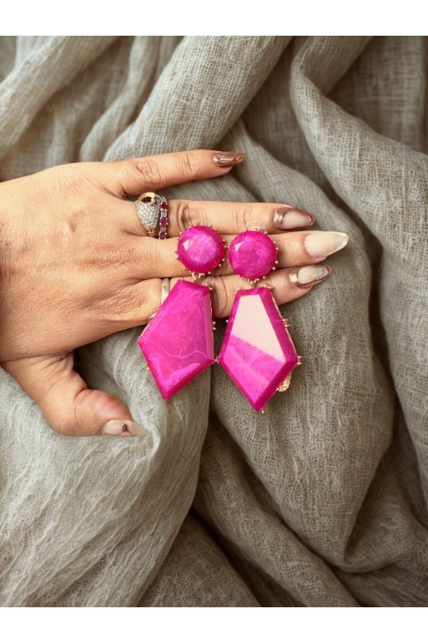 Hot Pink Geometric Statement Earrings for Women | Trendy Designer Party Wear Earrings by melegant - Image 3