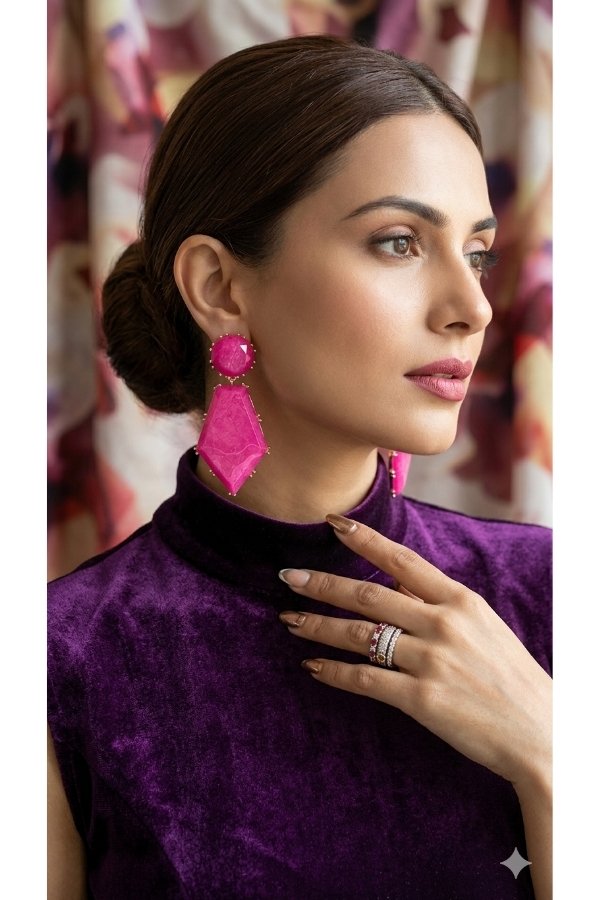 Hot pink geometric statement earrings for women featuring a bold contemporary design, perfect for party wear, western outfits, and fashion styling by melegant.