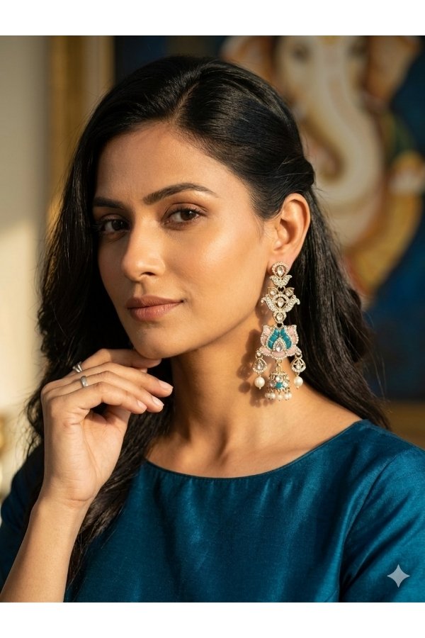 Elegant turquoise Kundan long statement earrings with American diamonds and pearl drops for women, ideal for bridal wear, wedding jewellery, festive occasions and party styling by melegant.