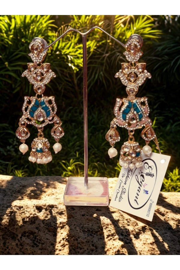 Turquoise Kundan Long Statement Earrings for Women | Designer Bridal & Party Wear Ethnic Jewellery by melegant - Image 2