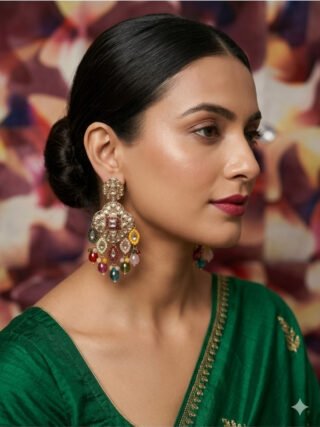 Beautiful multicolor Kundan statement chandbali earrings with colorful bead drops for women, perfect for bridal wear, festive occasions, wedding jewellery and ethnic fashion by melegant.