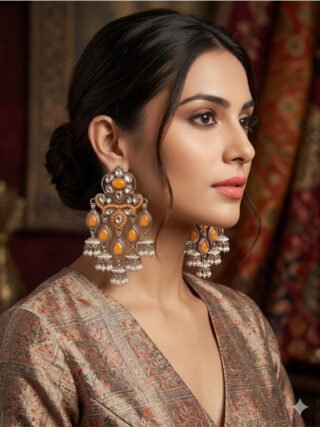 Royal amber stone and pearl brass base chandbali statement earrings for women by melegant, perfect for weddings, festive wear and ethnic fashion styling.