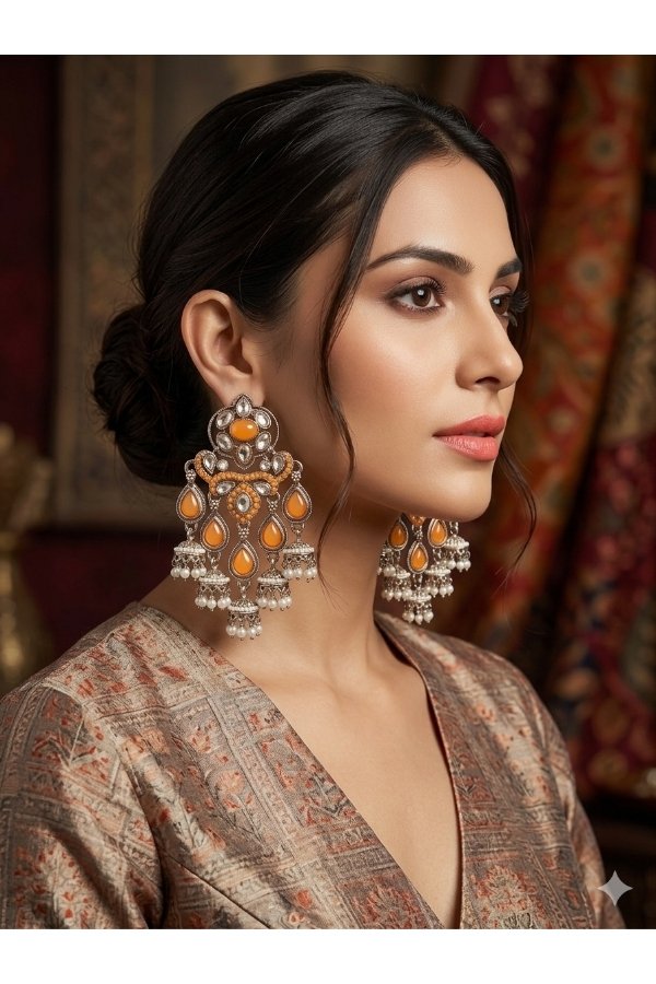 Royal amber stone and pearl brass base chandbali statement earrings for women by melegant, perfect for weddings, festive wear and ethnic fashion styling.