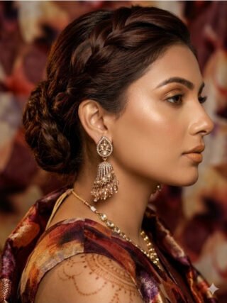Elegant copper-based traditional jhumka earrings featuring detailed antique leaf motifs and cascading blush peach crystal beads hanging from a metallic display stand against a lush green window backdrop.
