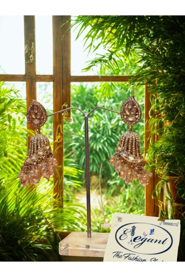 Handcrafted Copper Jhumka Earrings with Blush Pink Crystals | Elegant by LC - Image 2