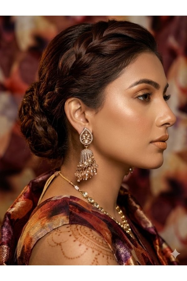 Elegant copper-based traditional jhumka earrings featuring detailed antique leaf motifs and cascading blush peach crystal beads hanging from a metallic display stand against a lush green window backdrop.