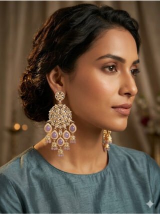 Melegant by LC luxury gold-plated Kundan Chandbali statement earrings featuring pastel lavender teardrop stones and five hanging miniature jhumka drops
