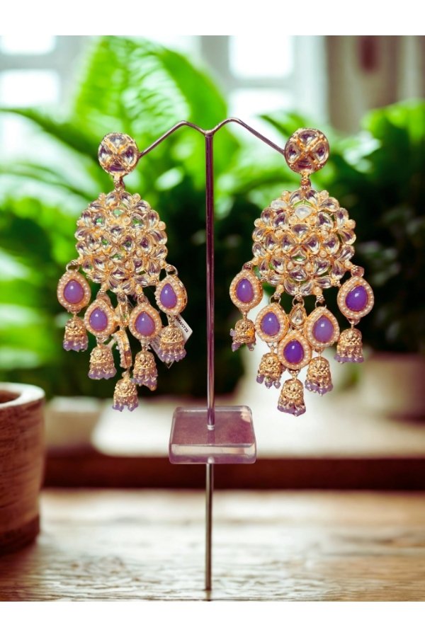 Ruhi Lavender Pastel Chandbali Earrings with Kundan and Hanging Jhumka Drops | Melegant by LC - Image 2