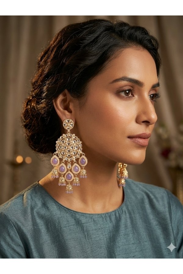 Melegant by LC luxury gold-plated Kundan Chandbali statement earrings featuring pastel lavender teardrop stones and five hanging miniature jhumka drops