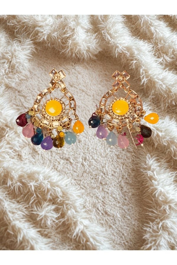Ahana Sunburst Multi-Color Gemstone Chandbali Earrings with Yellow Centerpiece | Melegant by LC - Image 2