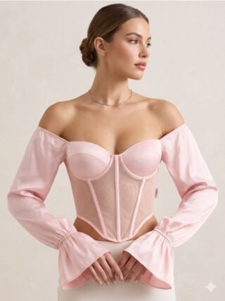 Blush pink off-shoulder boned mesh corset top with bell sleeves for women by Melegant