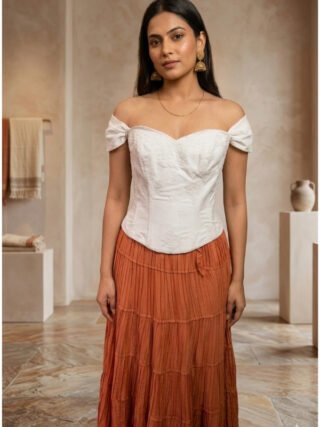 White embroidered off-shoulder corset top for women with sweetheart neckline by Melegant