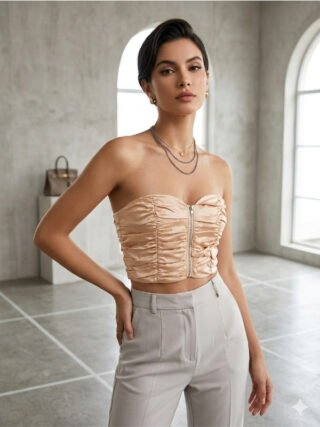 Champagne satin ruched strapless corset top with front zipper for women by Melegant