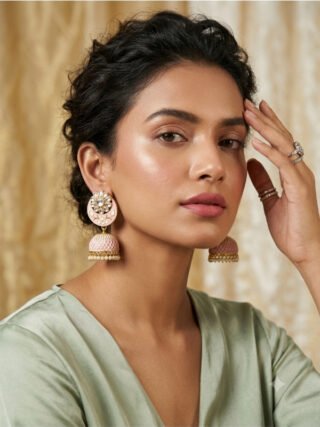 Pink Kundan Meenakari jhumka earrings with pearl detailing by Melegant