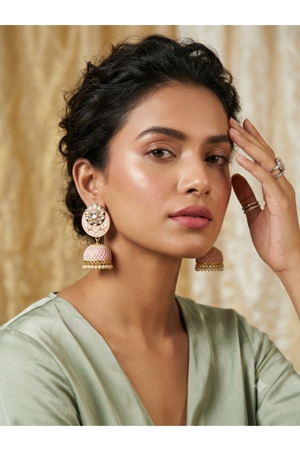 Pink Kundan Meenakari jhumka earrings with pearl detailing by Melegant