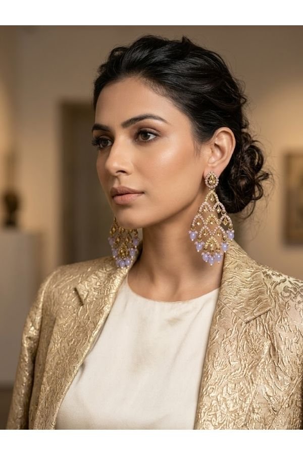 Pastel lavender and gold lattice stone dangling earrings online shopping at Melegant by LC Indirapuram Ghaziabad