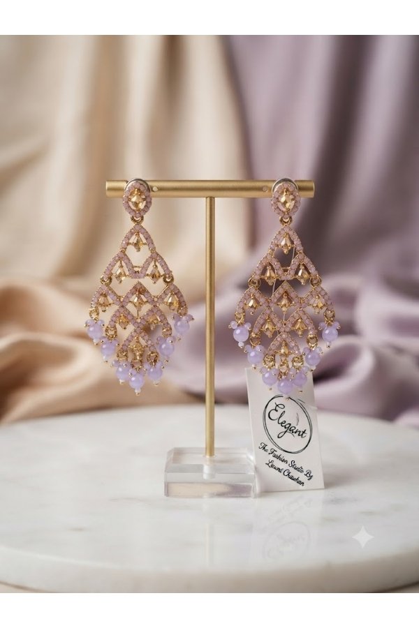 Pastel Lavender & Gold Lattice Stone Dangling Earrings | Melegant by LC Indirapuram Ghaziabad - Image 2