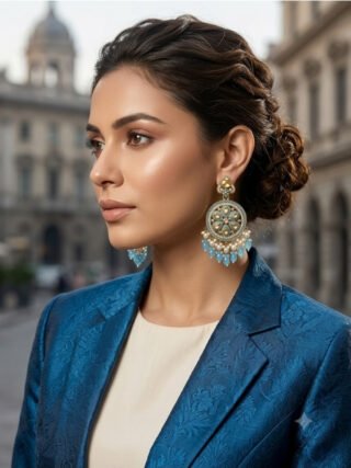 Pastel mint-blue enamel and crystal floral circular statement earrings online shopping at Melegant by LC Indirapuram Ghaziabad