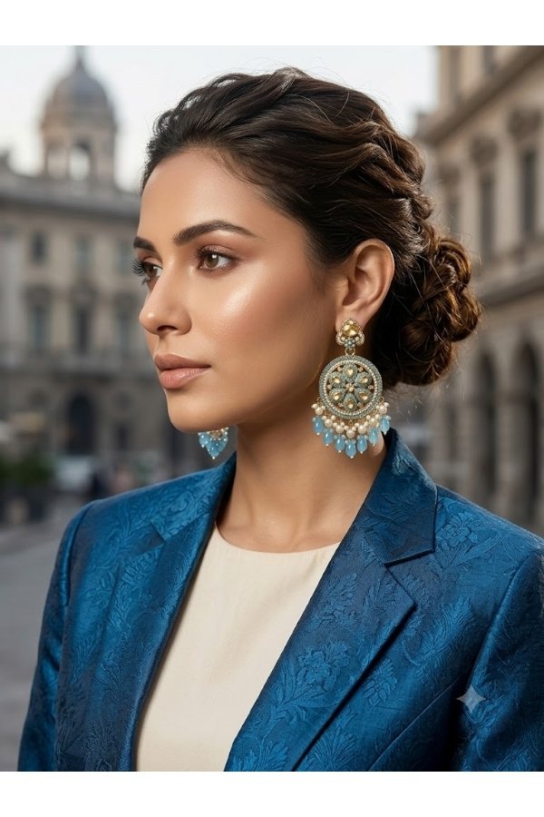 Pastel mint-blue enamel and crystal floral circular statement earrings online shopping at Melegant by LC Indirapuram Ghaziabad
