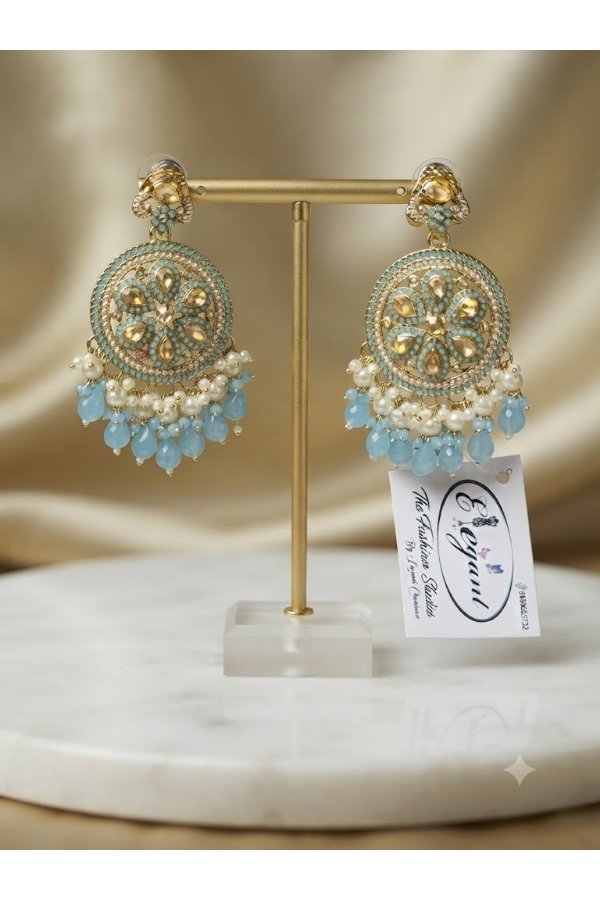 Pastel Mint-Blue Enamel & Crystal Floral Circular Statement Earrings | Melegant by LC Indirapuram Ghaziabad - Image 2