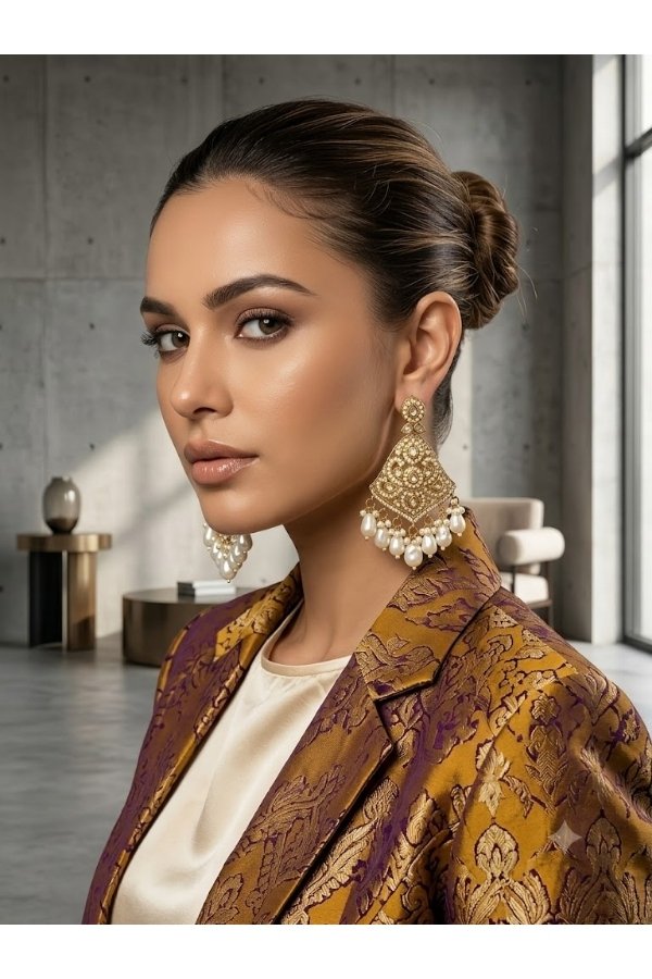 Classic triangular kundan and pearl cluster statement earrings online shopping at Melegant by LC Indirapuram Ghaziabad
