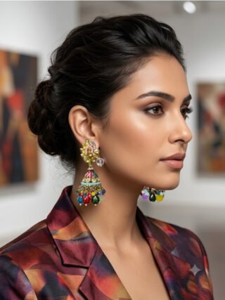Trending multicolour copper base jhumka earrings with gold-tone floral detailing and colourful bead drops by Melegant, available online and at Rajhans Plaza, Indirapuram, Ghaziabad.