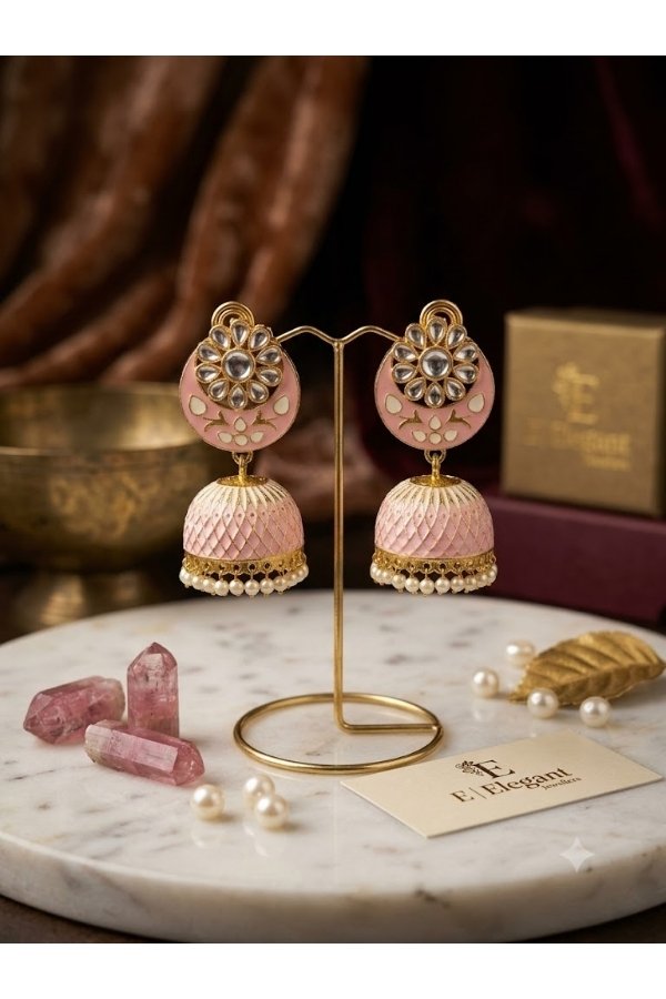 Pink Kundan Meenakari Jhumka Earrings | Handcrafted Indian Ethnic Jewellery - Image 2