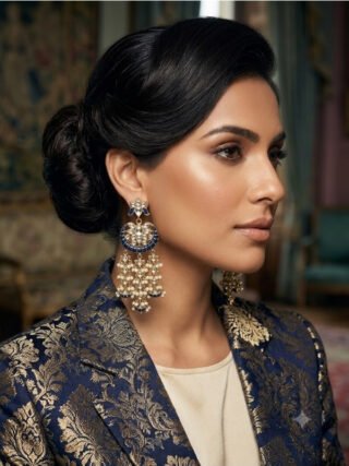 Trending Kundan-style copper base statement earrings with navy blue detailing, gold-tone accents and pearl drops by Melegant, available online and at Rajhans Plaza, Indirapuram, Ghaziabad.