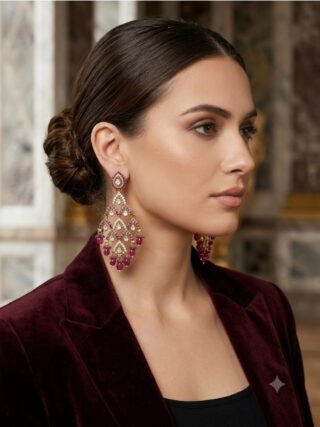 Ruby red filigree stone and bead dangling earrings online shopping at Melegant by LC Indirapuram Ghaziabad