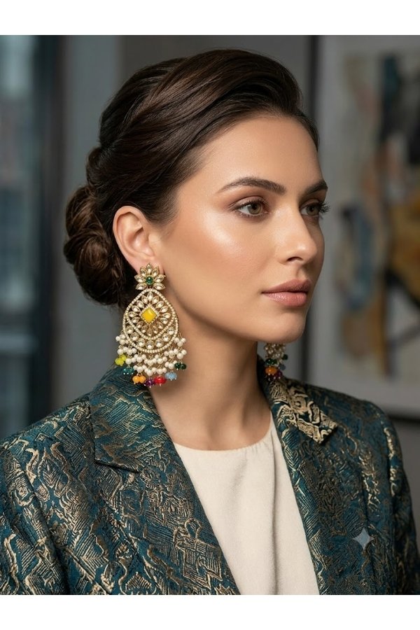 Multicolor stone and pearl kundan statement earrings online shopping at Melegant by LC Indirapuram Ghaziabad