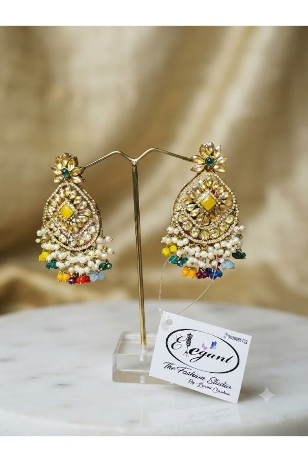 Multicolor Stone & Pearl Kundan Statement Earrings | Melegant by LC Indirapuram Ghaziabad - Image 2