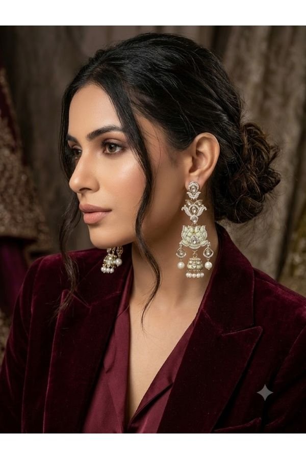 : Mint green kundan and pearl jhumka earrings online shopping at Melegant by LC Indirapuram Ghaziabad