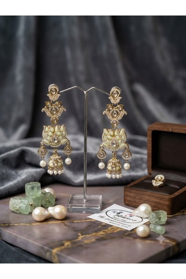 Mint Green Kundan & Pearl Jhumka Earrings | Melegant by LC Indirapuram Ghaziabad - Image 2