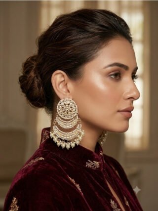 Classic golden kundan and pearl multi-tier chandbali earrings online shopping at Melegant by LC Indirapuram Ghaziabad