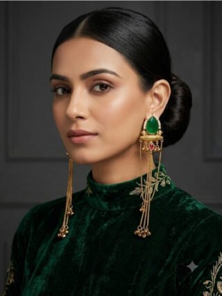 Emerald green stone Kashmiri long tassel earrings online shopping at Melegant by LC Indirapuram Ghaziabad