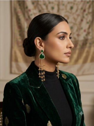 Emerald green teardrop Kashmiri long chain earrings online shopping at Melegant by LC Indirapuram Ghaziabad