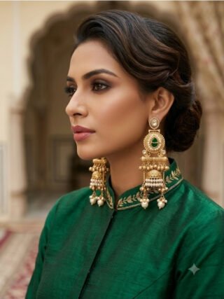 Emerald green stone and pearl Kashmiri jhumka earrings online shopping at Melegant by LC Indirapuram Ghaziabad