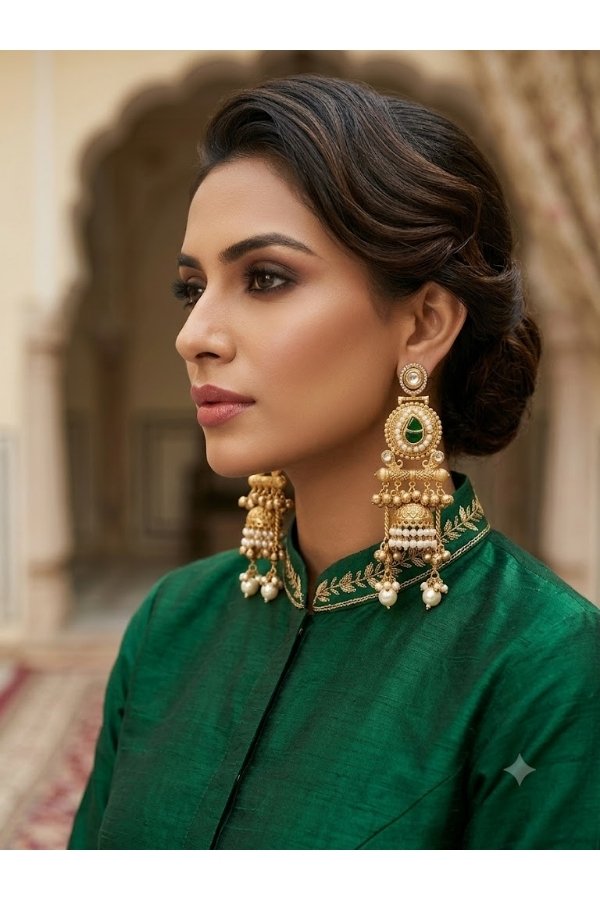 Emerald green stone and pearl Kashmiri jhumka earrings online shopping at Melegant by LC Indirapuram Ghaziabad