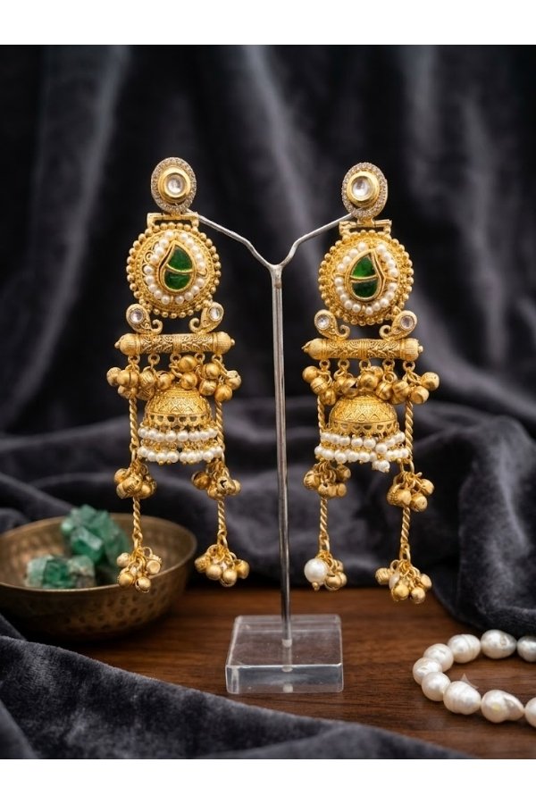 Emerald Green Stone & Pearl Kashmiri Jhumka Earrings | Melegant by LC Indirapuram Ghaziabad - Image 2