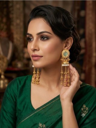 Model wearing mint green stone Kashmiri jhumka earrings from Melegant by LC Indirapuram Ghaziabad