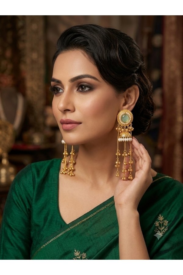 Model wearing mint green stone Kashmiri jhumka earrings from Melegant by LC Indirapuram Ghaziabad