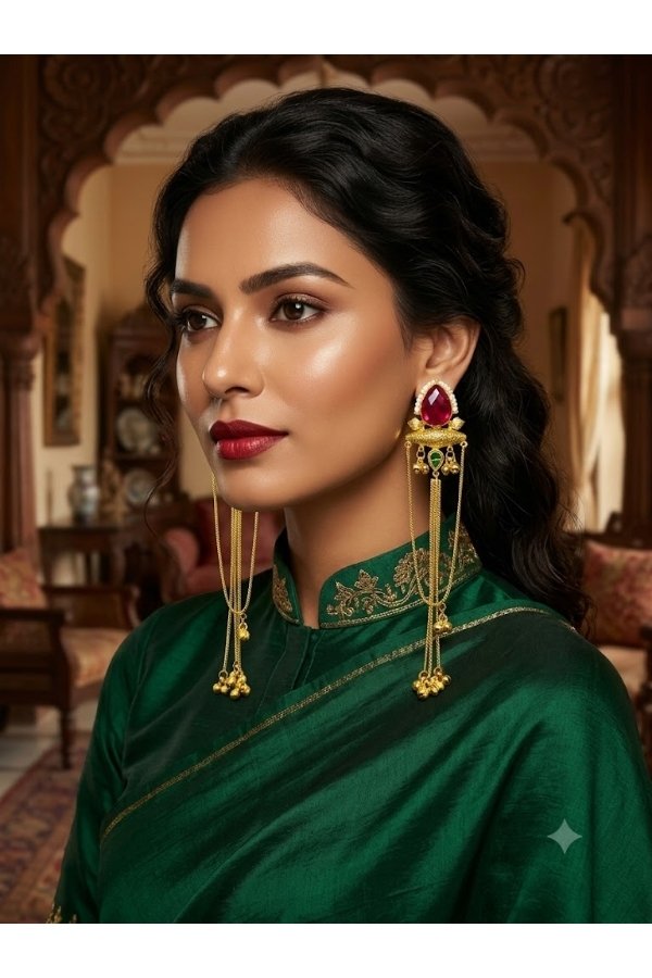 Ruby red teardrop long chain copper earrings online shopping at Melegant by LC Indirapuram Ghaziabad