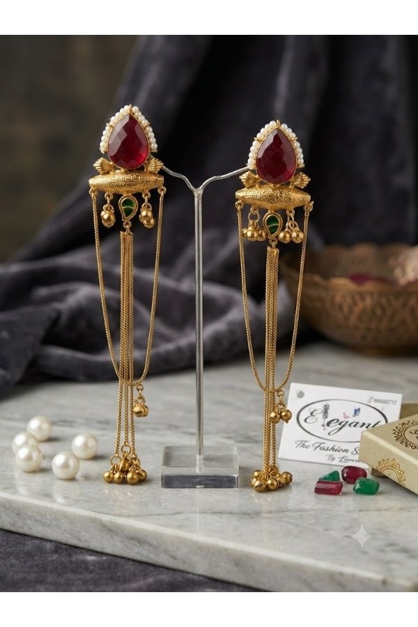 Ruby Red Teardrop Long Chain Copper Earrings | Melegant by LC Indirapuram Ghaziabad - Image 2