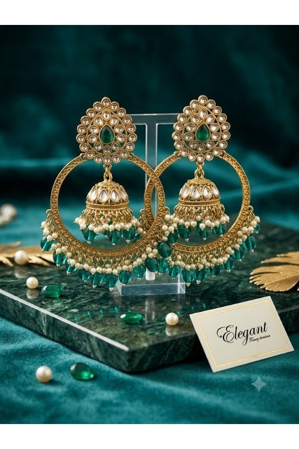 Emerald Green Kundan Jhumka Hoop Earrings | Melegant by LC Indirapuram Ghaziabad - Image 2