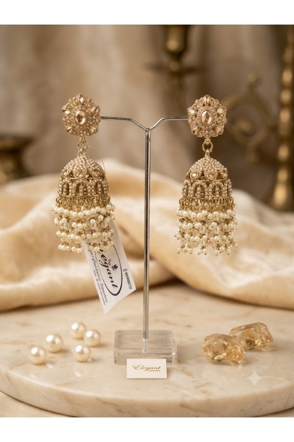 Traditional Gold-Tone Pearl Jhumka Earrings | Melegant by LC Indirapuram Ghaziabad - Image 2