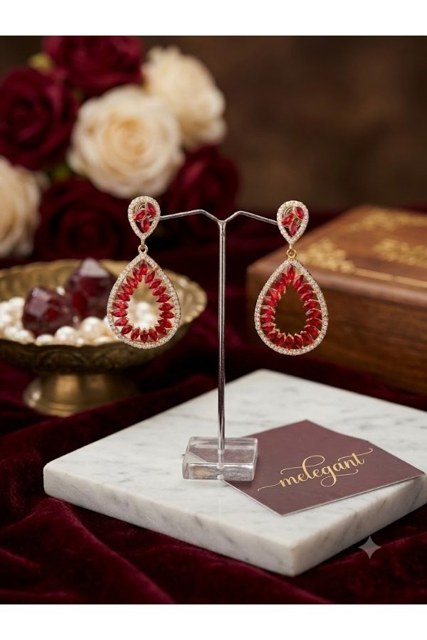 Ruby Red Teardrop Stone Statement Earrings | Melegant by LC Indirapuram Ghaziabad - Image 2