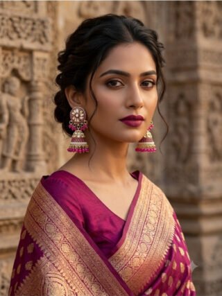 Pair of gold-plated traditional Indian jhumka earrings featuring pink stones, kundan work, and pearl